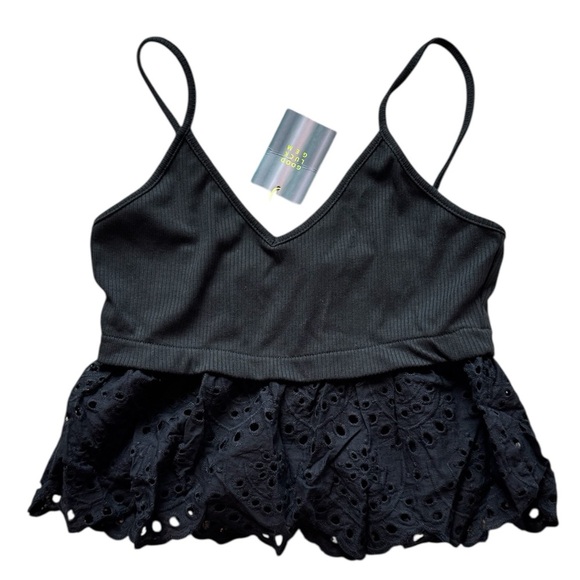 Black Eyelet Peplum Crop Top Spaghetti Strap Lace Tank Top ribbed size Medium - Picture 1 of 7